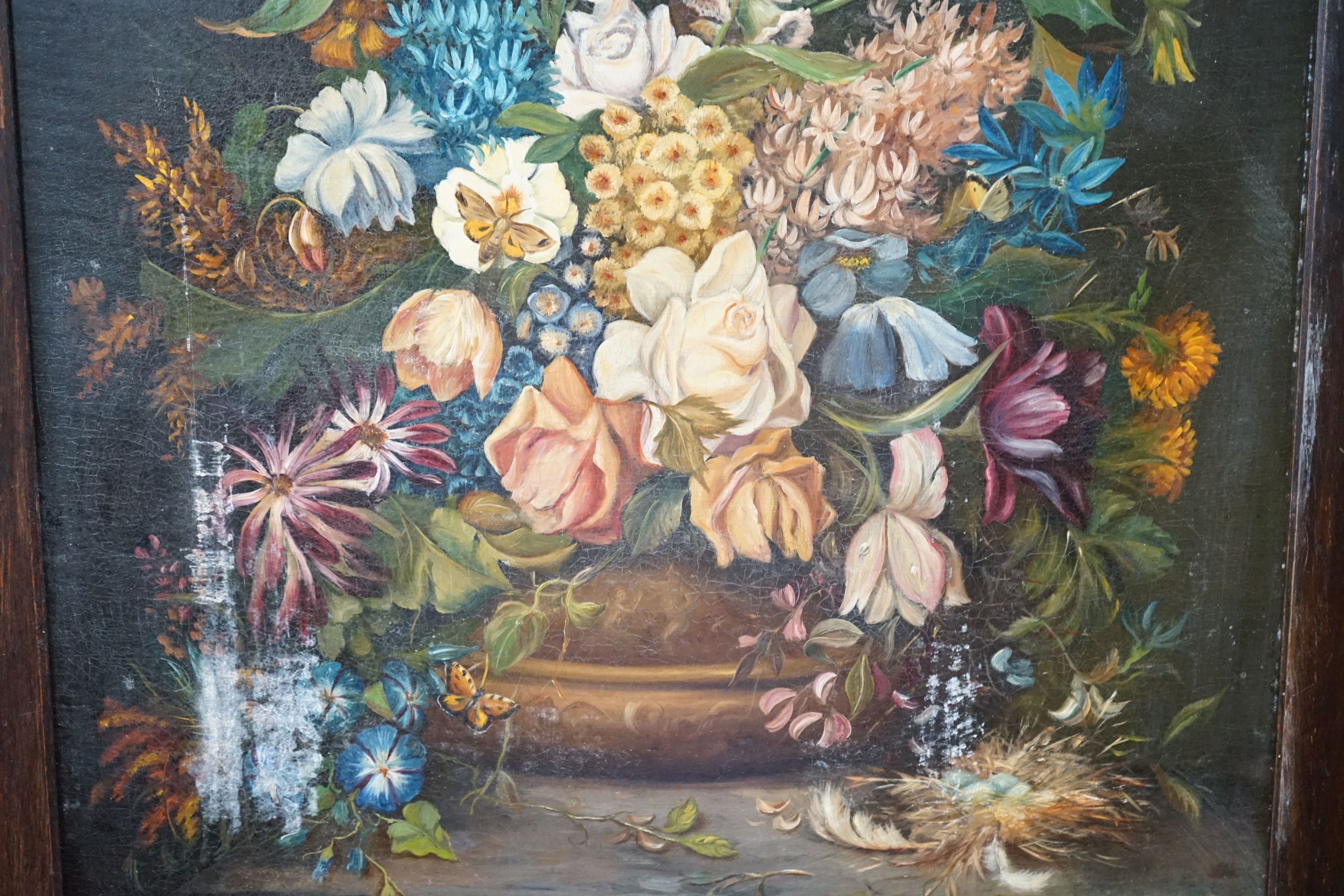 An early 20th century painted fire screen inset still life oil on canvas, width 66cm, height 94cm